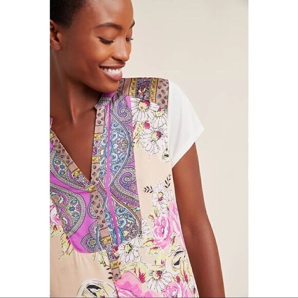 NEW Anthropologie Tiny Zadie Floral Blooms Spliced V-Neck Top Blouse X-Small - Picture 1 of 4